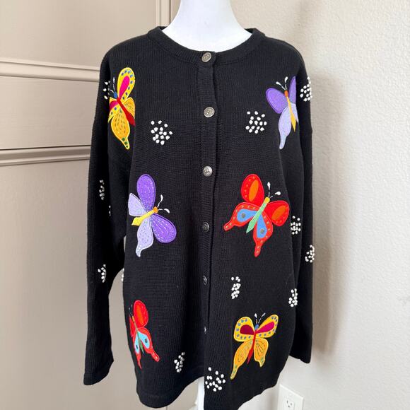 Vintage Quacker Factory Embroidered Butterfly Cardigan Sweater Size 1X - Picture 2 of 6